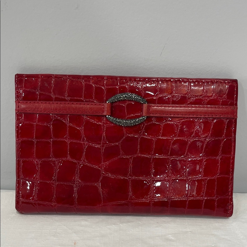 Brighton Red Croc Cher Portfolio Wallet patent red leather vintage pen pocket - Picture 1 of 15